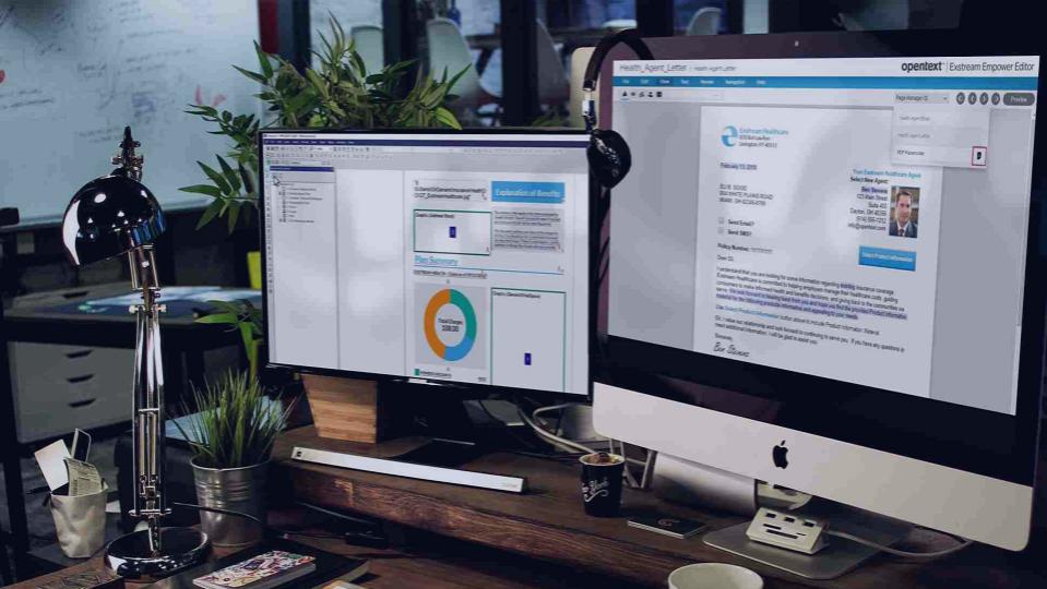 picture of two monitors showing utility customer letters preview and deisign UI in opentext software; cleco opentext support case study